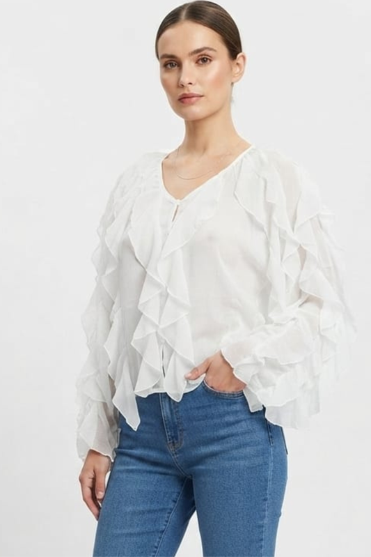 Vivid Ivory Cascading Ruffle Chiffon Blouse