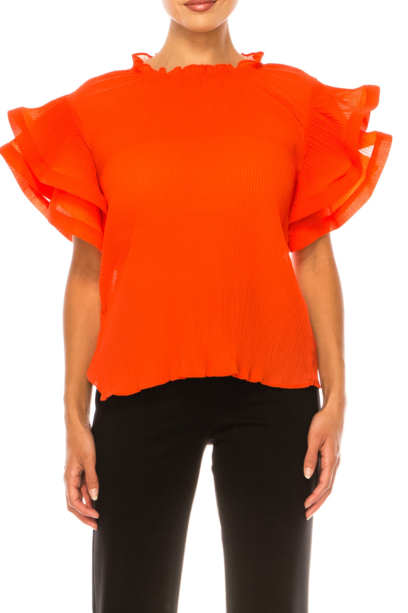 Vivid Short Tiered Sleeve Accordion Pleated Top