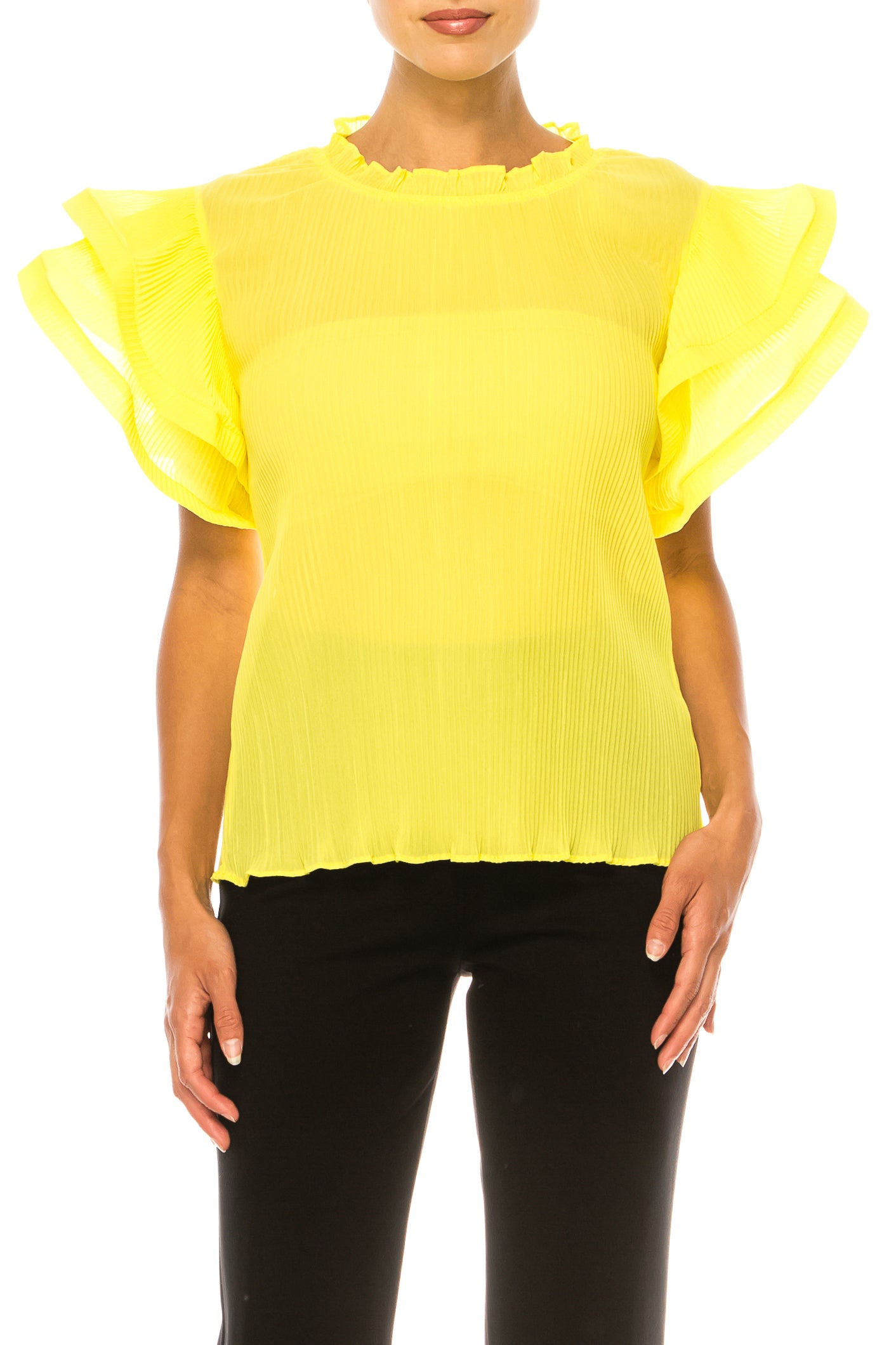 Vivid Short Tiered Sleeve Accordion Pleated Top