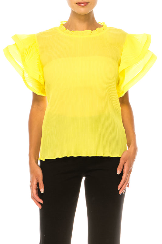 Vivid Short Tiered Sleeve Accordion Pleated Top