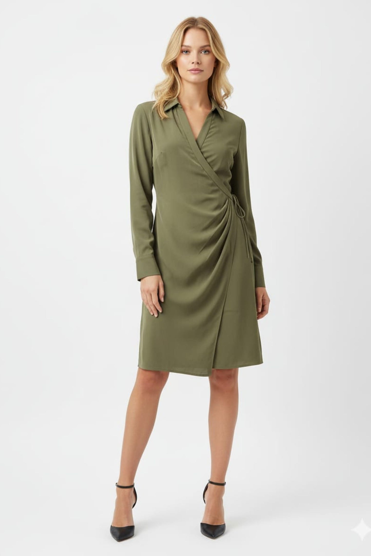 LUXELY Collared Long Sleeve Wrap Dress