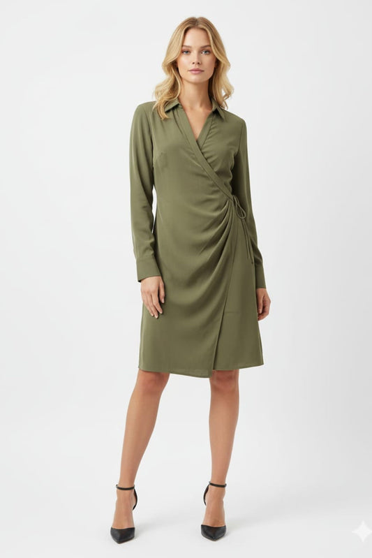 LUXELY Collared Long Sleeve Wrap Dress