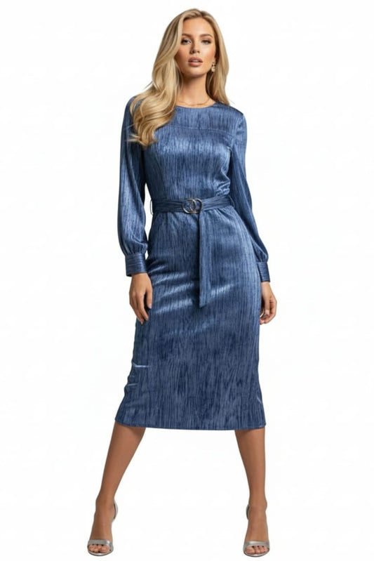 LUXELY Long Sleeve Belted Sheath Midi Dress