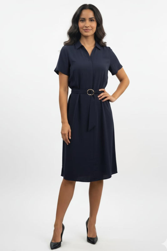 LUXELY Collared Short Sleeve A-Line Midi Dress
