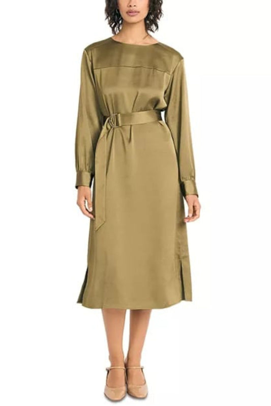 LUXELY Long Sleeve Belted Sheath Midi Dress