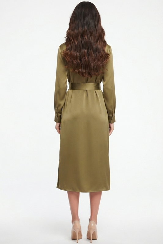 LUXELY Long Sleeve Belted Sheath Midi Dress