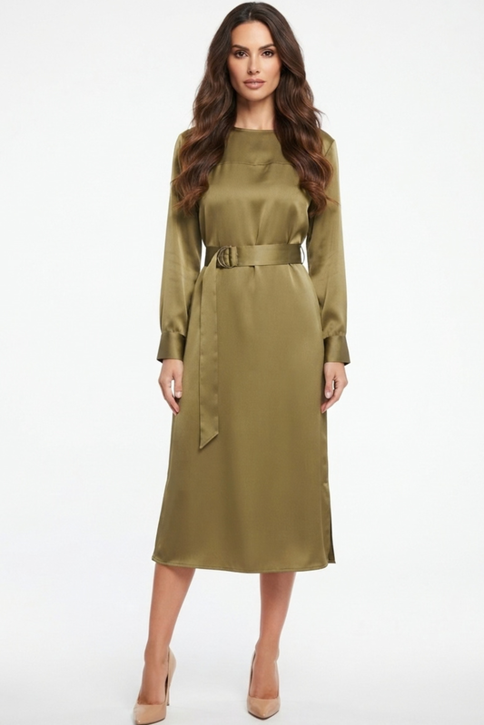 LUXELY Long Sleeve Belted Sheath Midi Dress