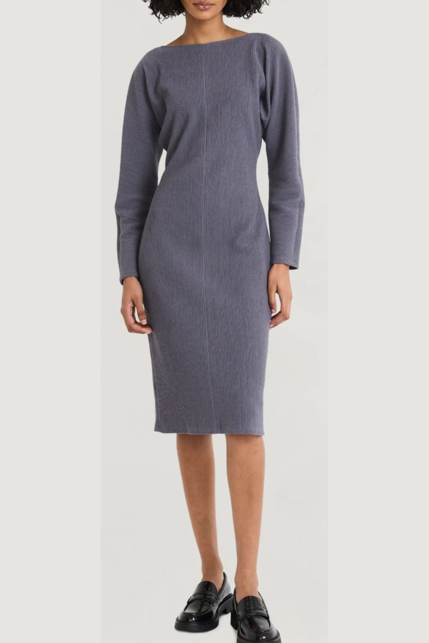 LUXELY Boatneck Batwing Long Sleeve Midi Dress