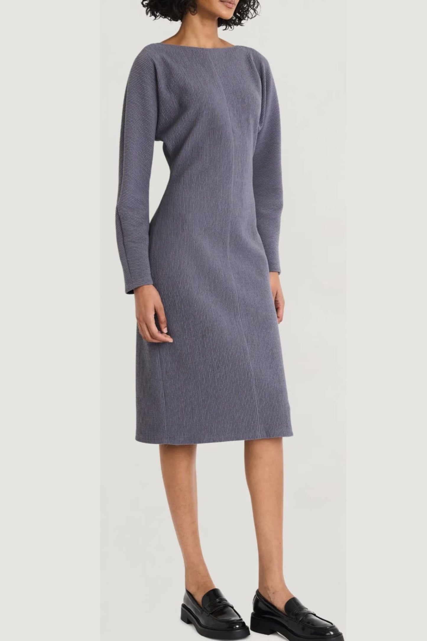 LUXELY Boatneck Batwing Long Sleeve Midi Dress