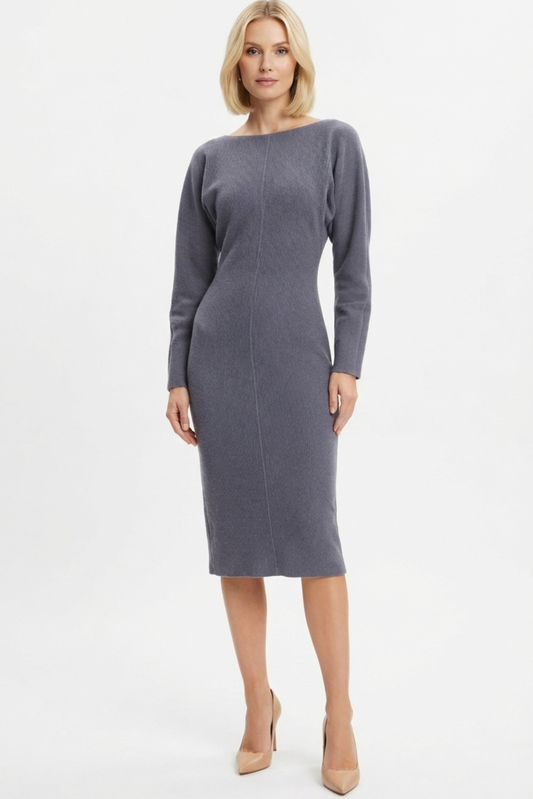 LUXELY Boatneck Batwing Long Sleeve Midi Dress