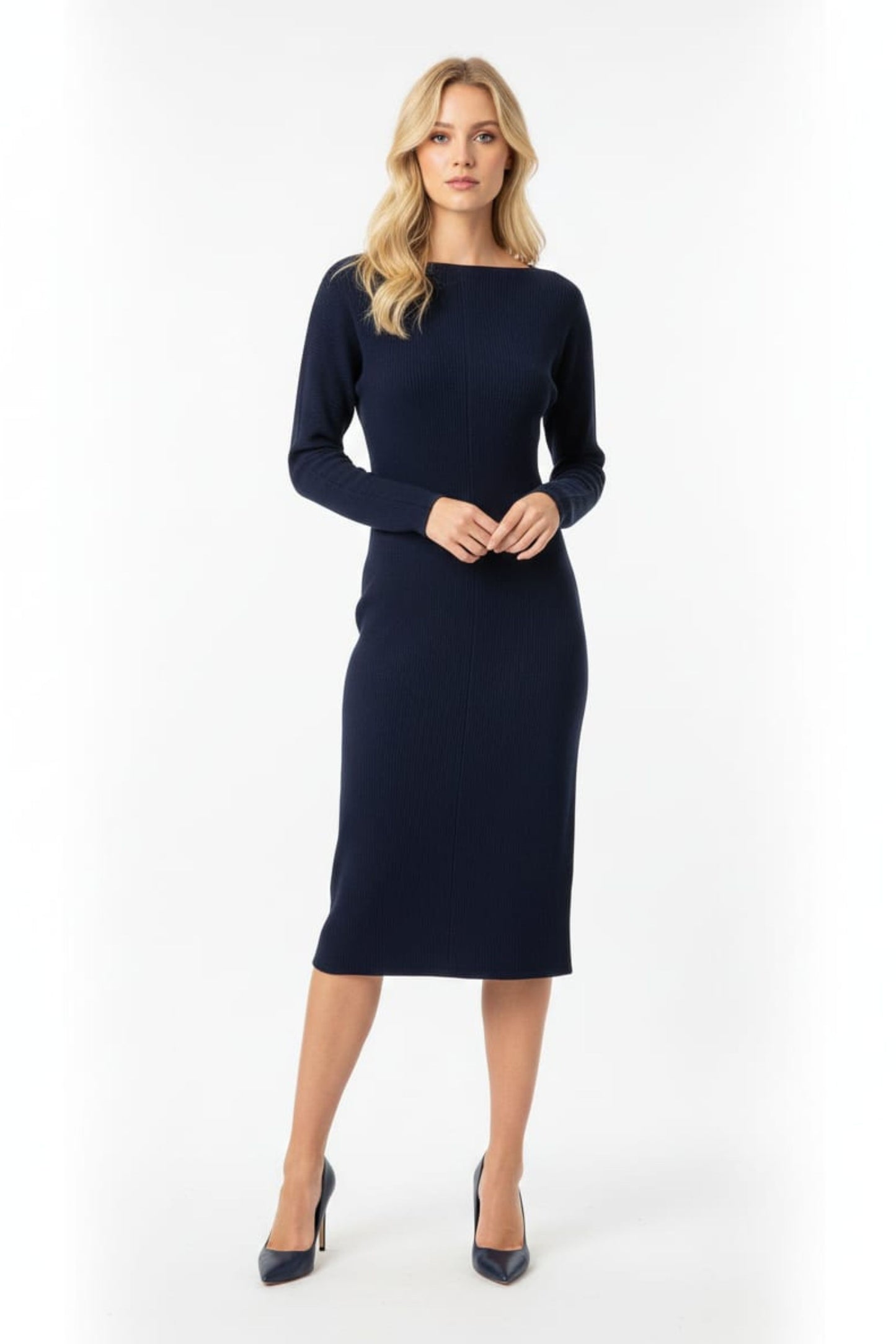 LUXELY Boatneck Batwing Long Sleeve Midi Dress