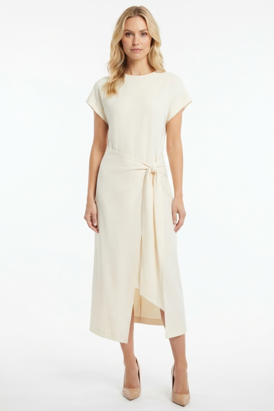 LUXELY Short Sleeve Wrap Style Midi Dress