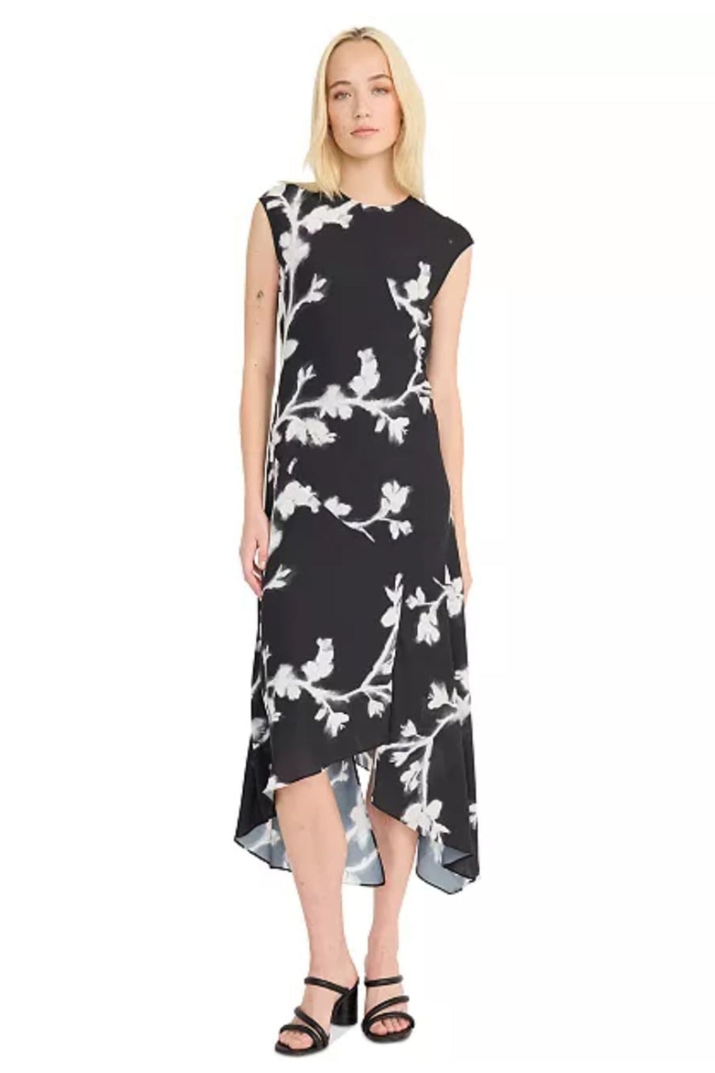 LUXELY Floral Print Sleeveless Drop Waist Midi Dress