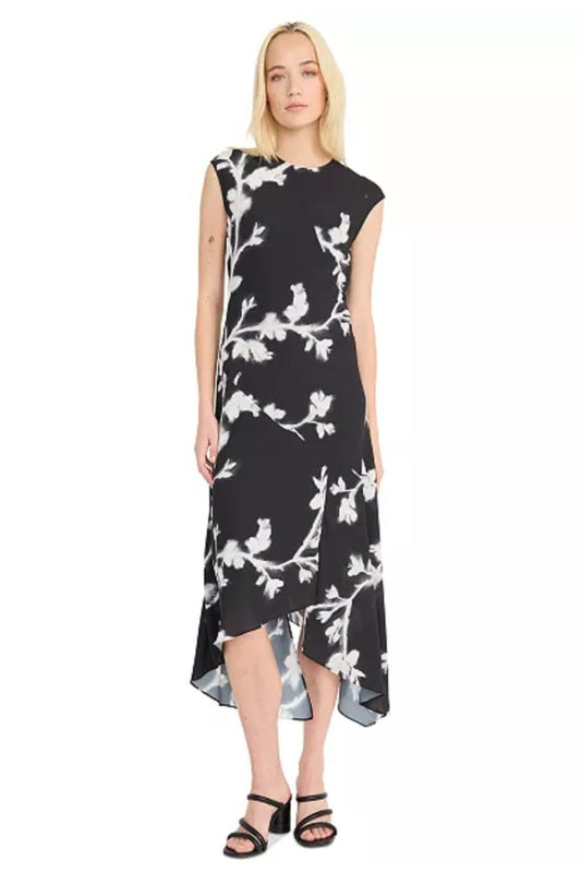 LUXELY Floral Print Sleeveless Drop Waist Midi Dress