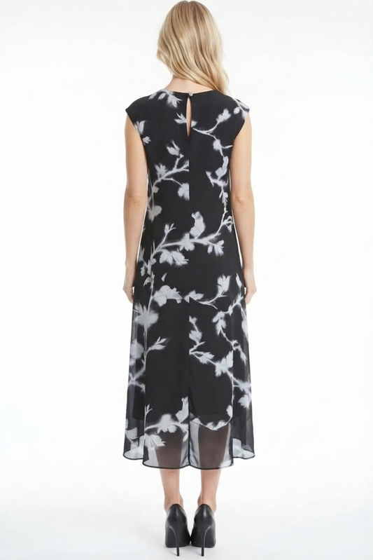 LUXELY Floral Print Sleeveless Drop Waist Midi Dress