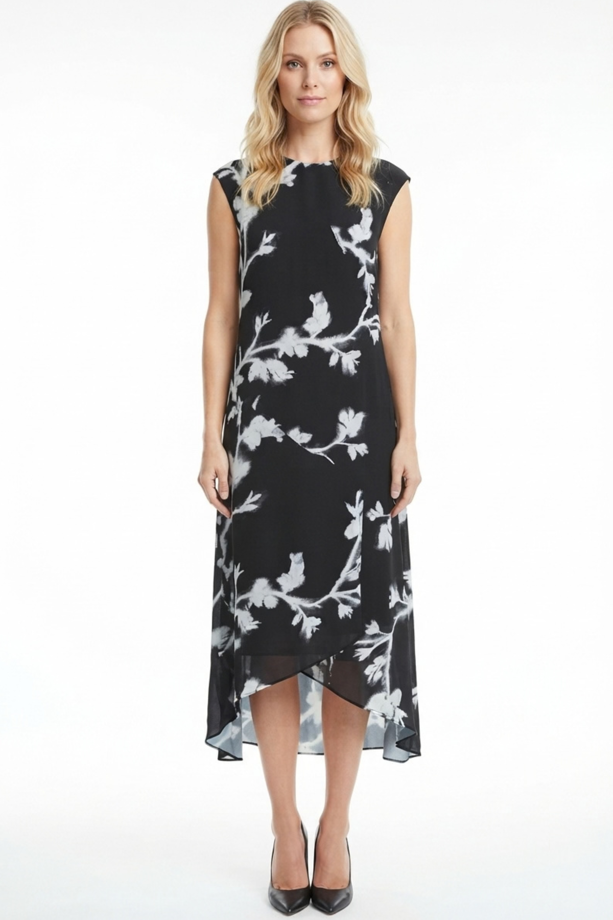LUXELY Floral Print Sleeveless Drop Waist Midi Dress