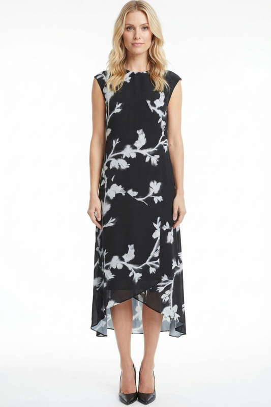 LUXELY Floral Print Sleeveless Drop Waist Midi Dress