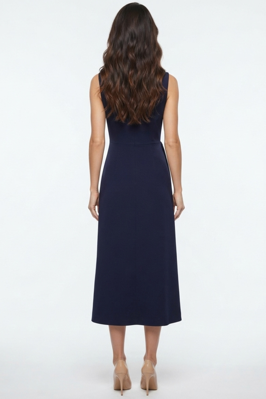 LUXELY Sleeveless Pleasted Sheath MIdi Dress