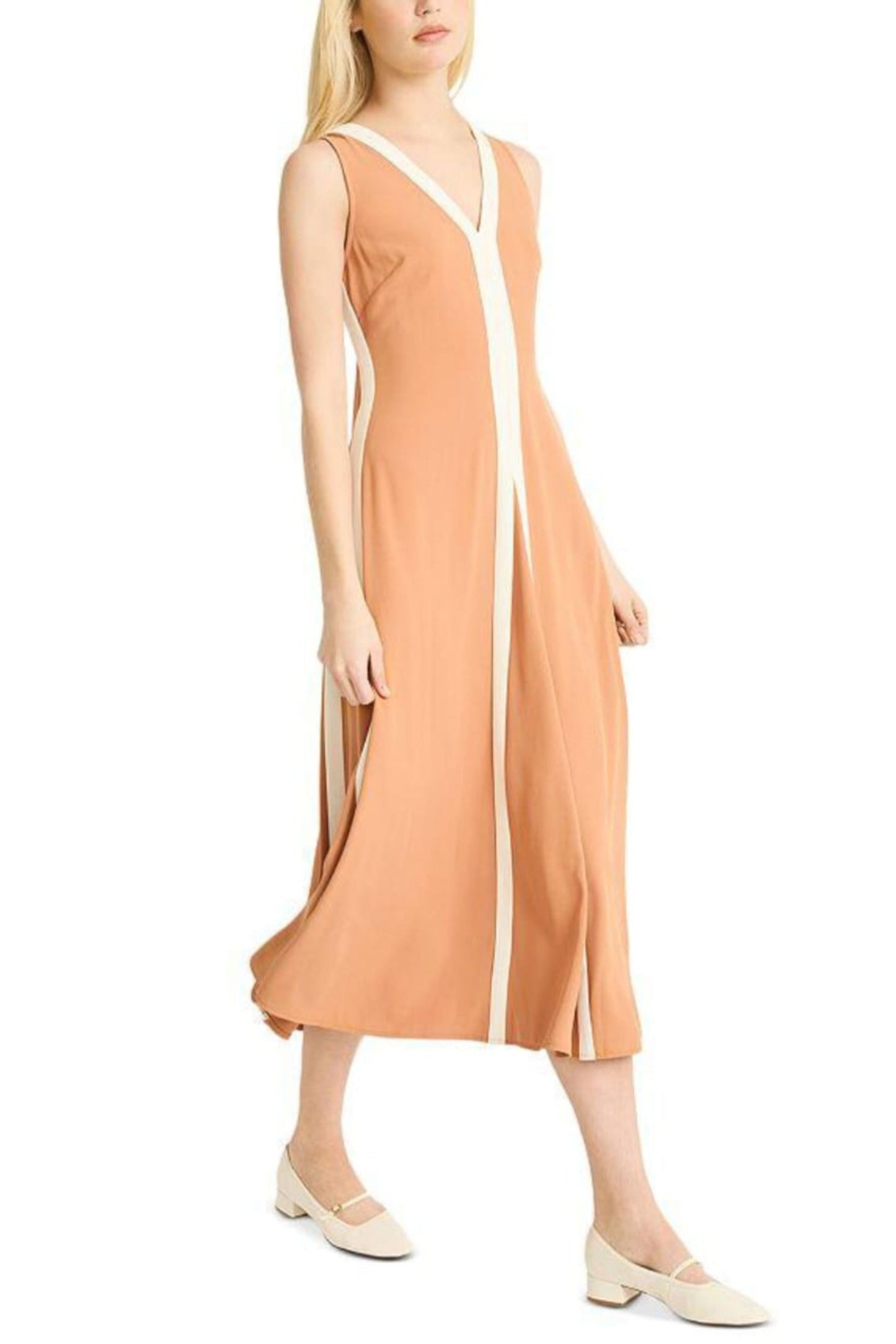 LUXELY V-Neck Color Block A-Line Midi Dress