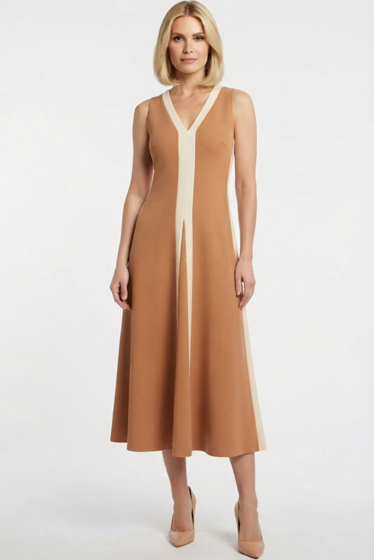 LUXELY V-Neck Color Block A-Line Midi Dress