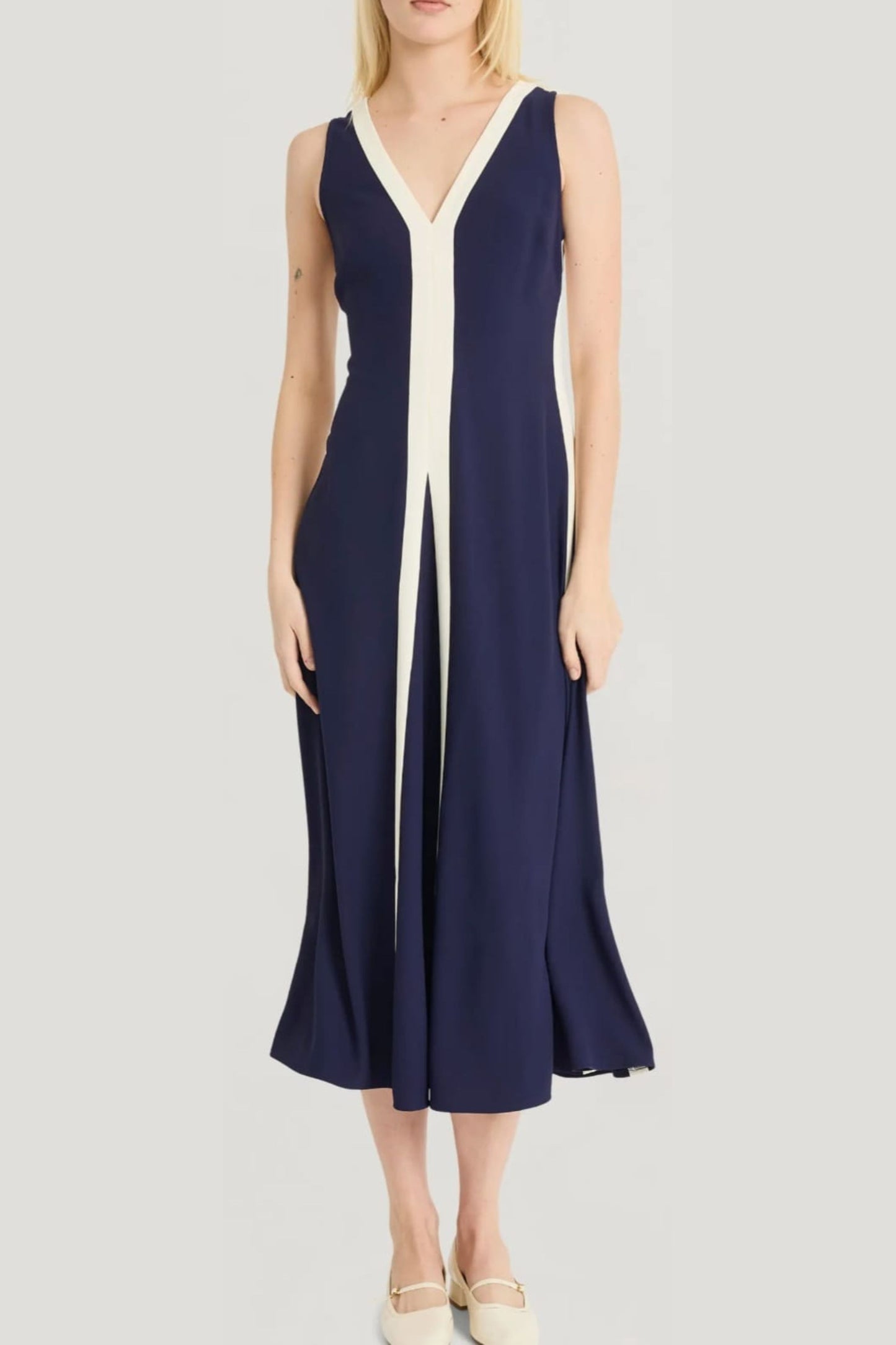 LUXELY V-Neck Color Block A-Line Midi Dress