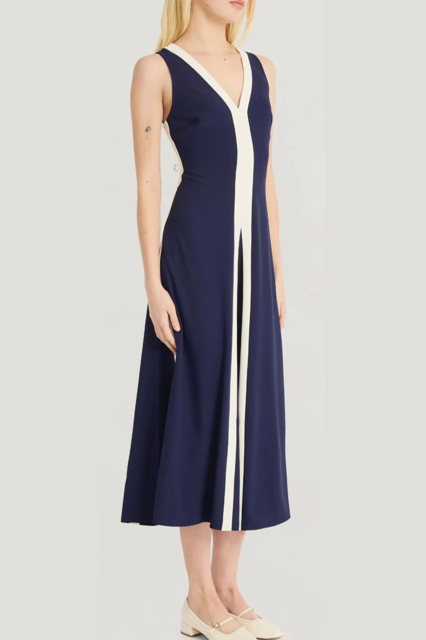 LUXELY V-Neck Color Block A-Line Midi Dress