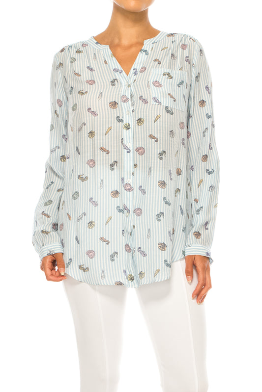 Zac & Rachel Printed 3/4 Sleeve Button Down Top