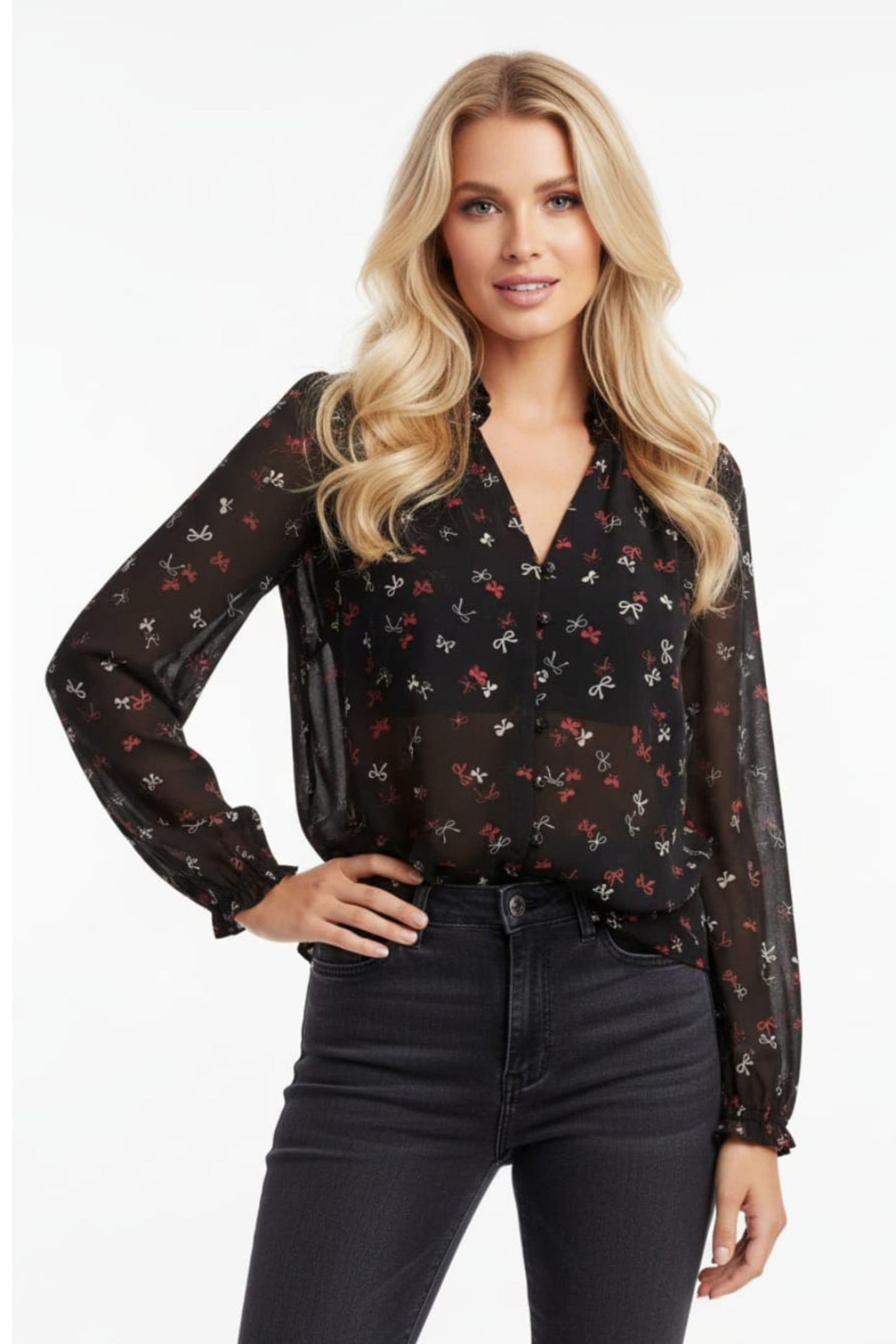 Zac & Rachel Bow Print Button Down Blouse