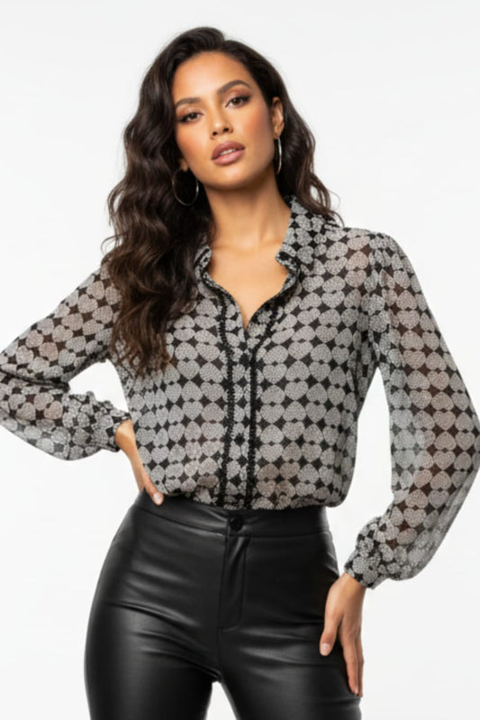 Zac & Rachel Heart Print Collared Button Down Blouse