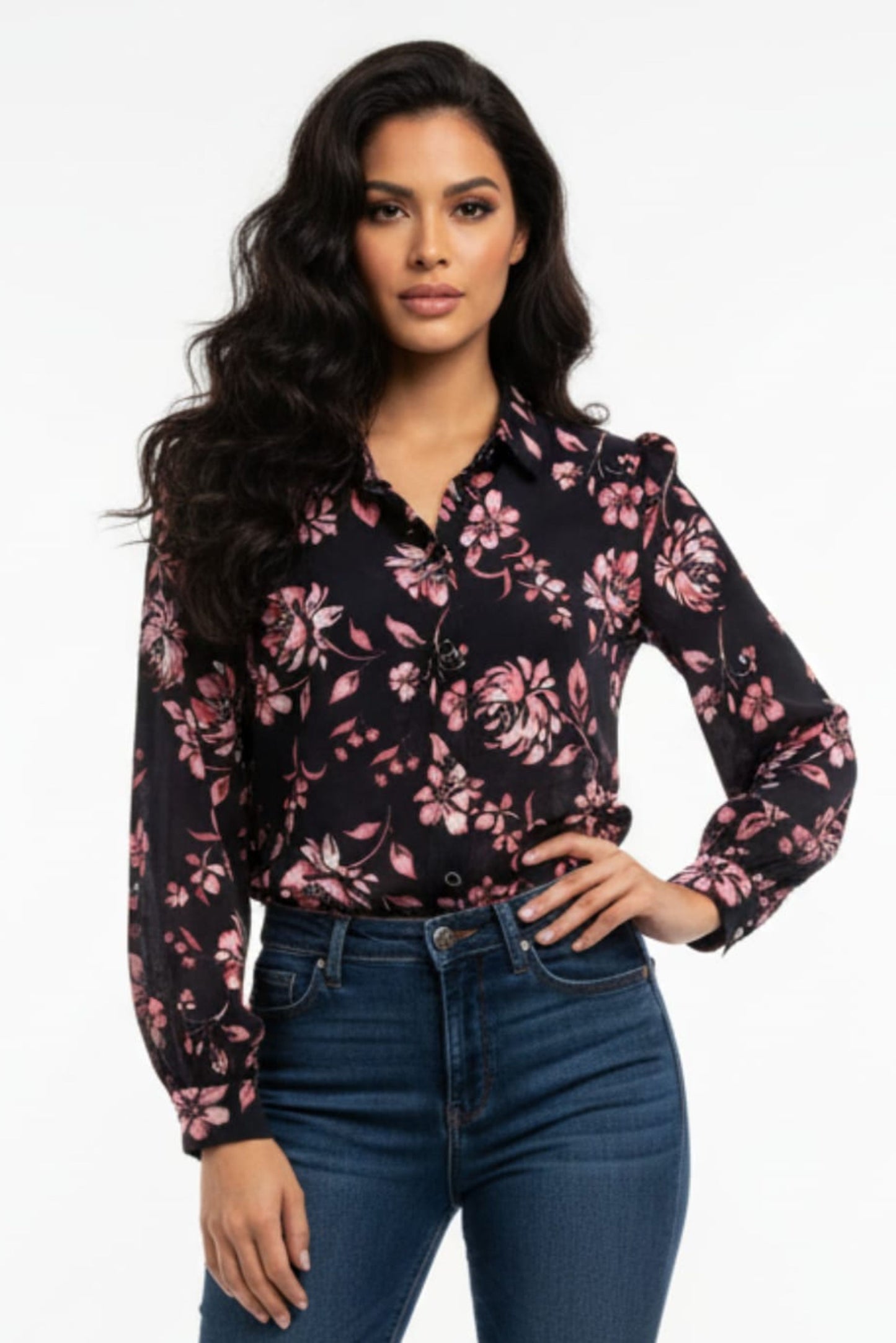 Zac & Rachel Floral Long Sleeve Button Down Blouse