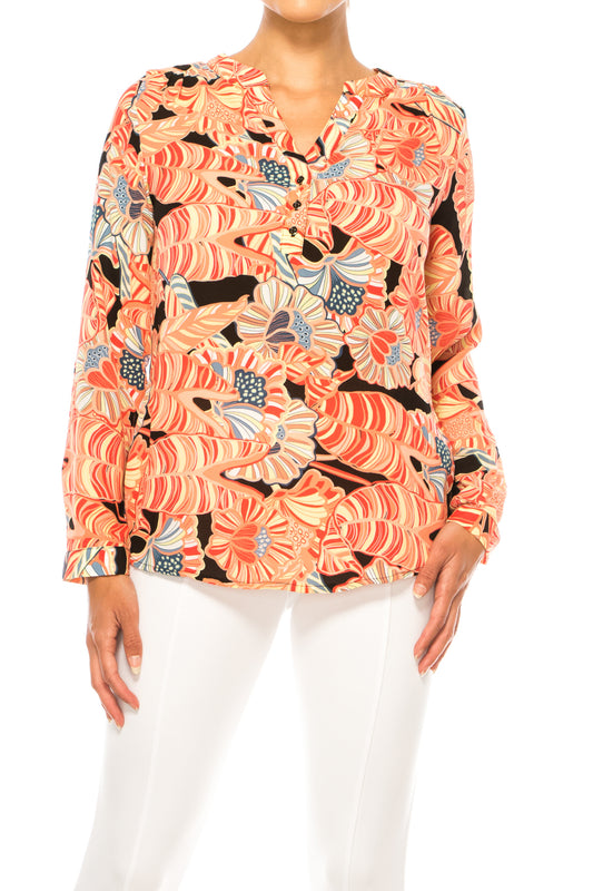 Zac & Rachel Printed Roll-Up Sleeve Split-Neck Top