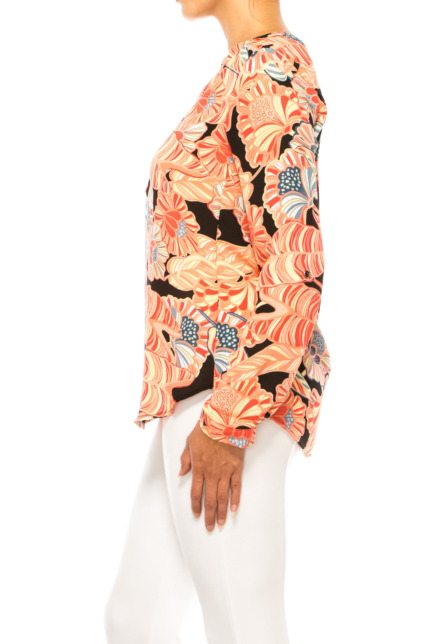 Zac & Rachel Printed Roll-Up Sleeve Split-Neck Top