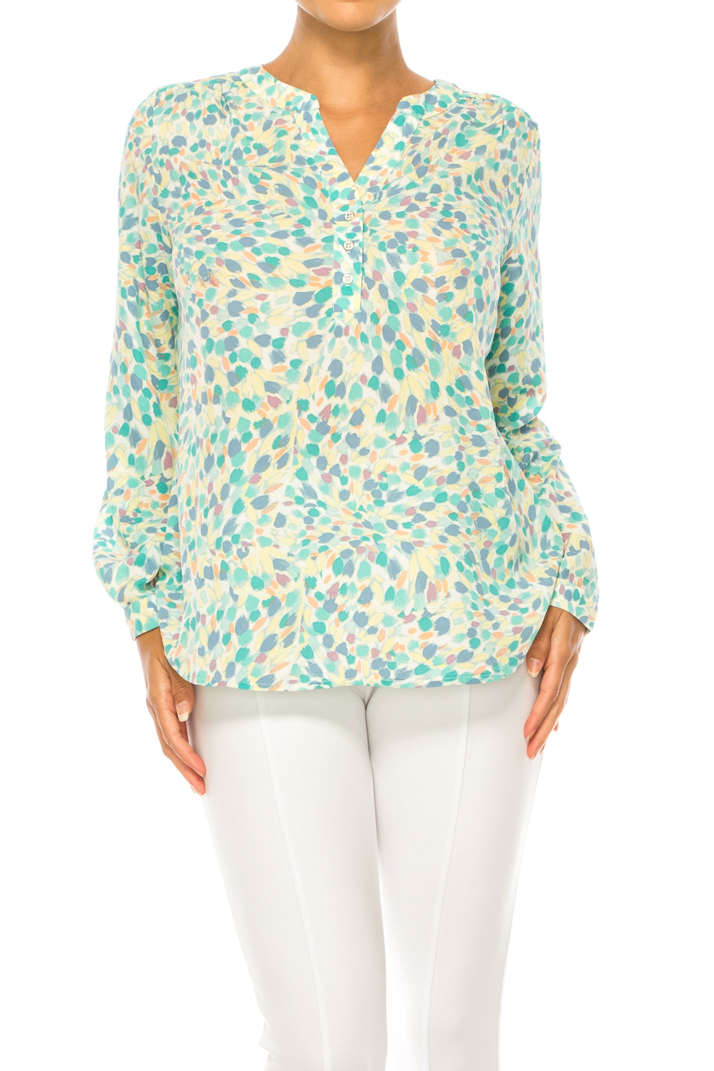 Zac & Rachel Printed Roll-Up Sleeve Split-Neck Top