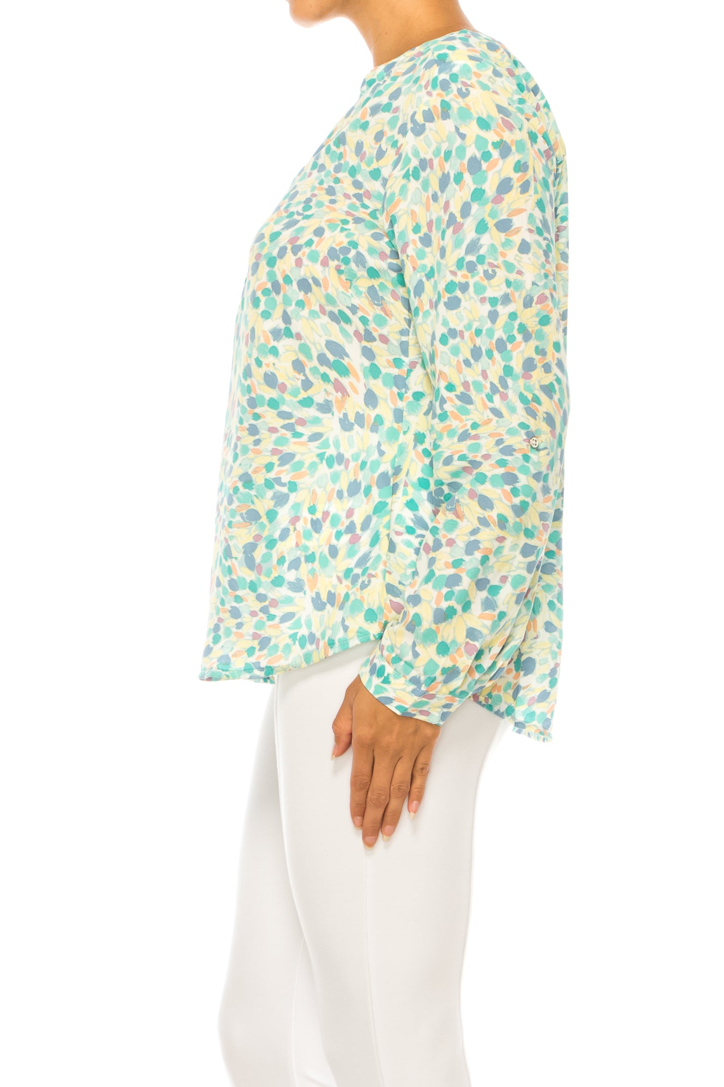 Zac & Rachel Printed Roll-Up Sleeve Split-Neck Top