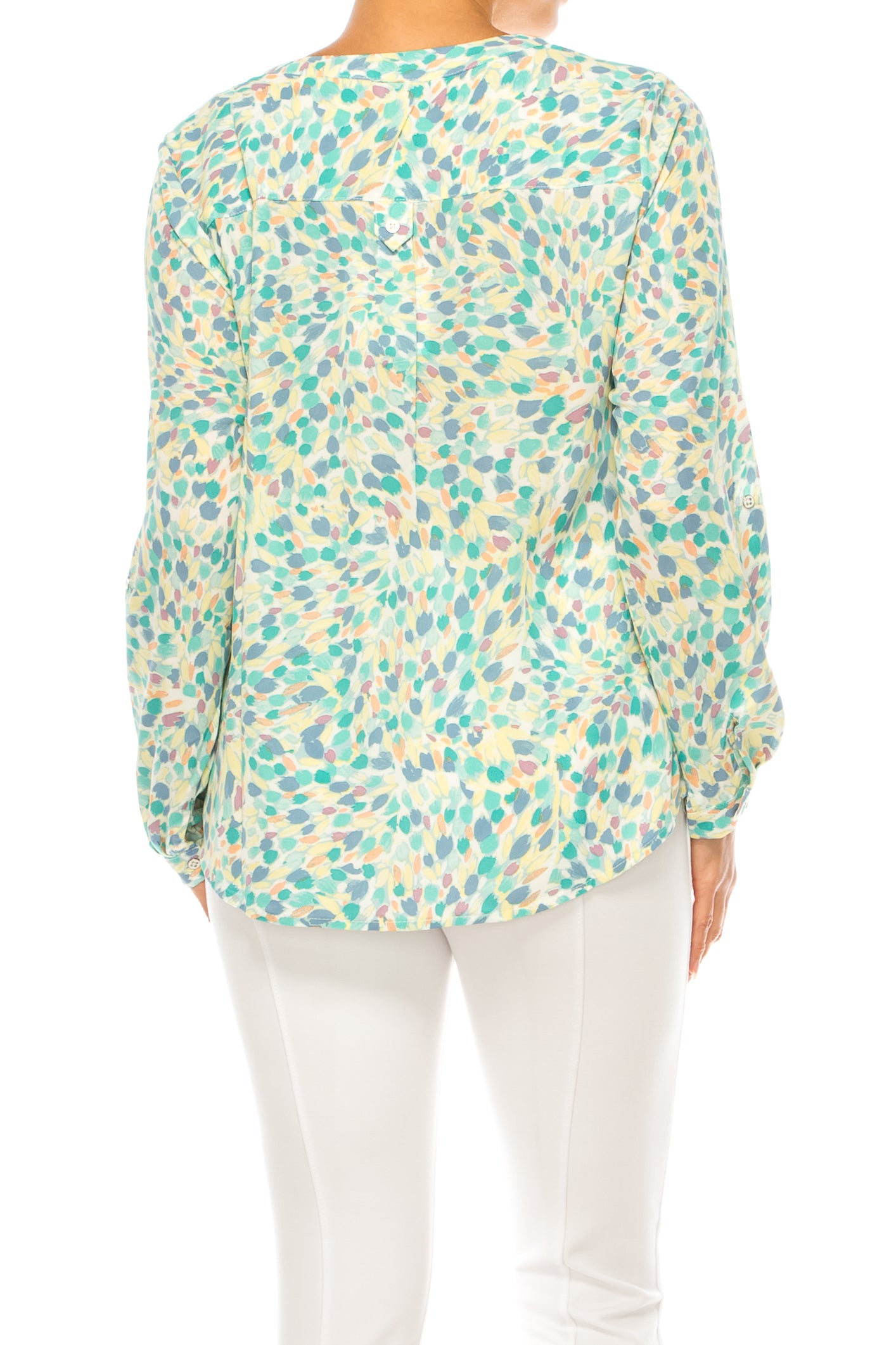 Zac & Rachel Printed Roll-Up Sleeve Split-Neck Top