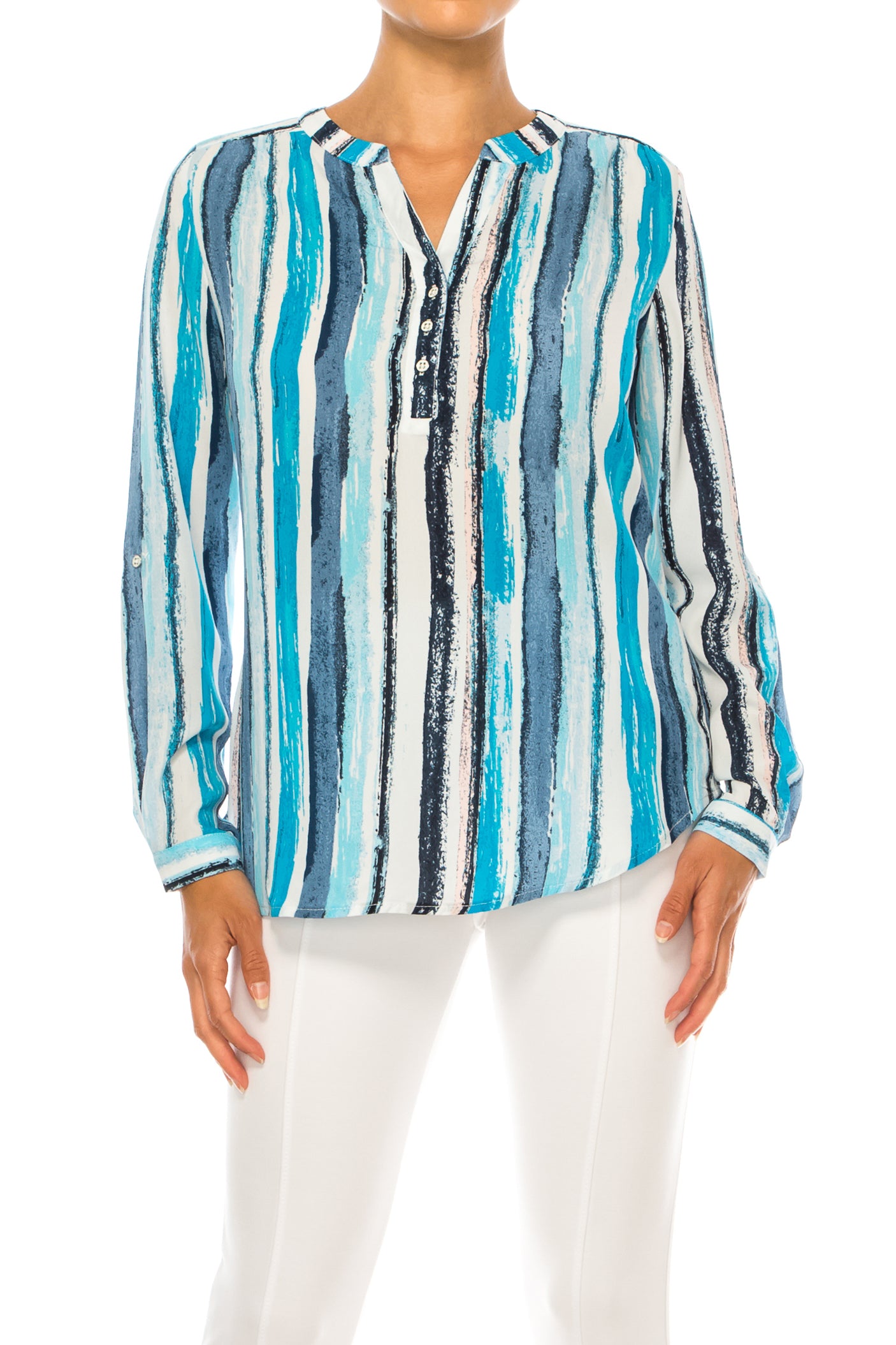 Zac & Rachel Printed Roll-Up Sleeve Split-Neck Top