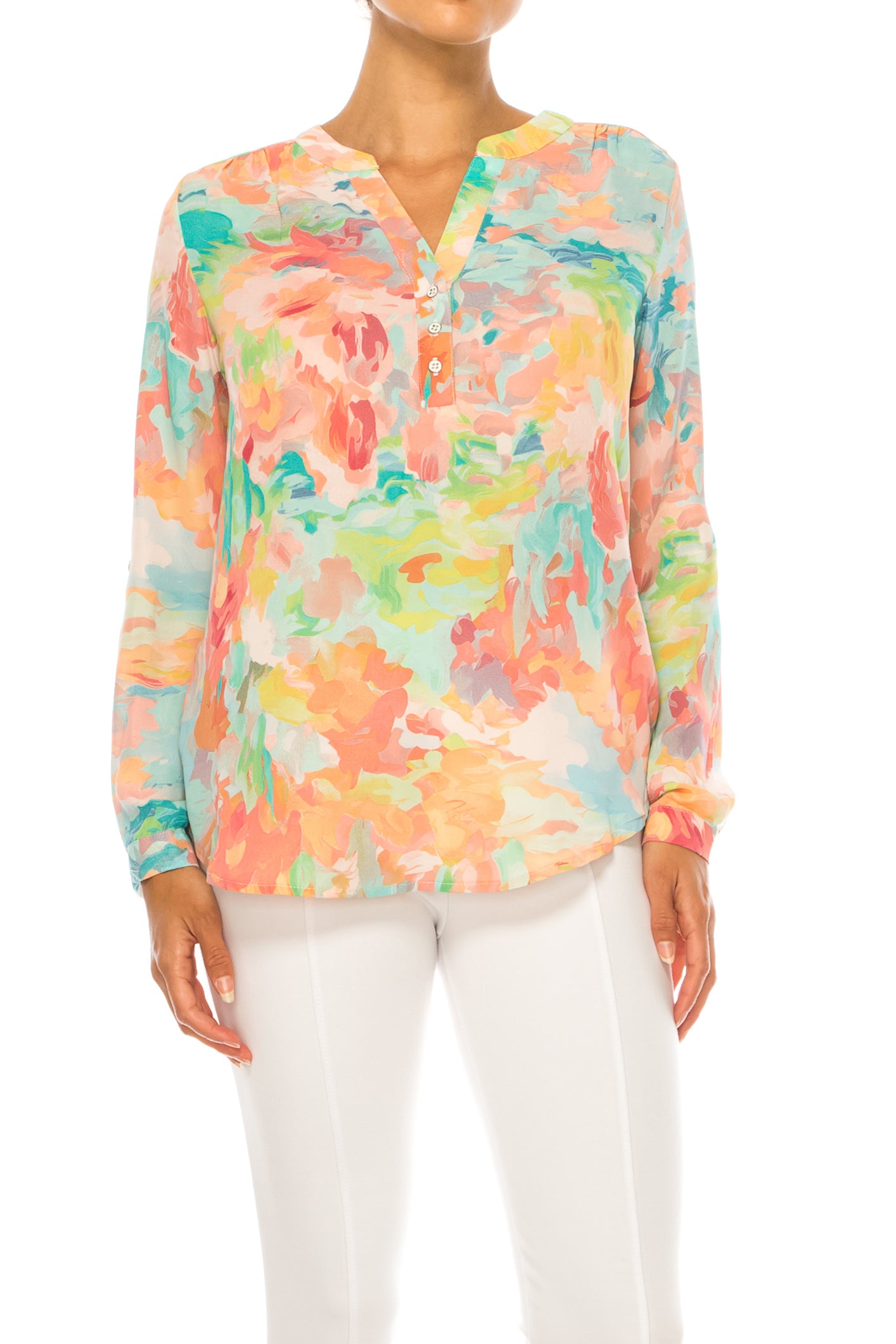 Zac & Rachel Printed Roll-Up Sleeve Split-Neck Top