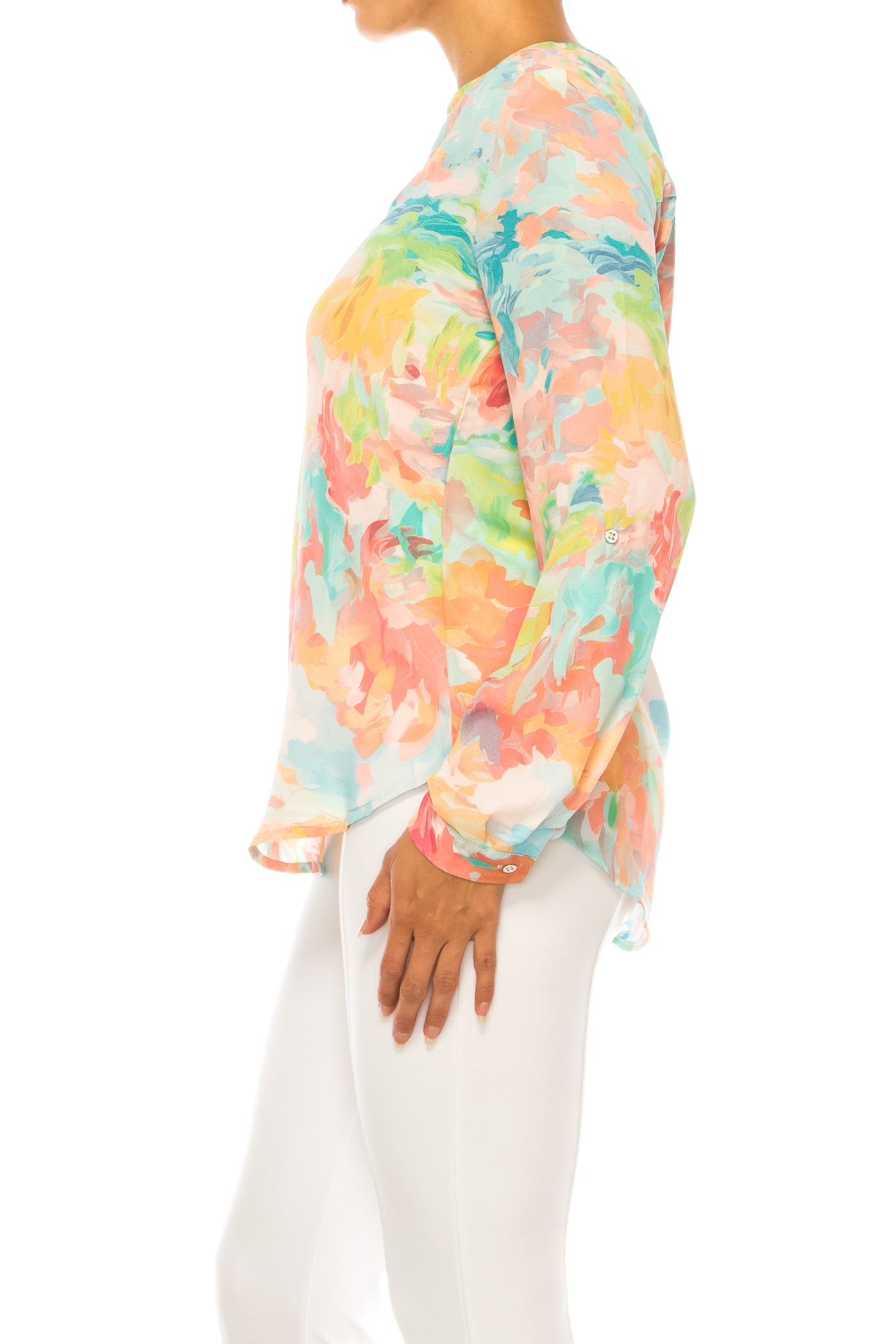 Zac & Rachel Printed Roll-Up Sleeve Split-Neck Top
