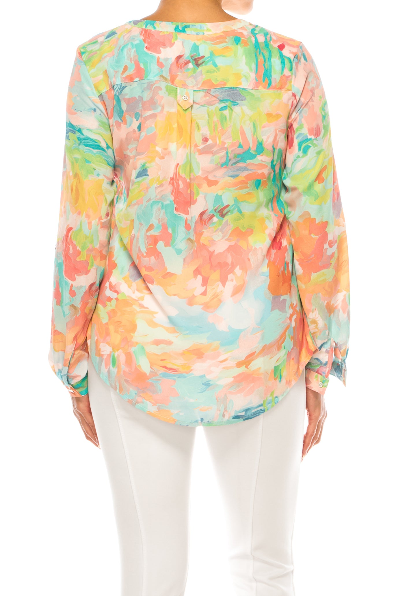 Zac & Rachel Printed Roll-Up Sleeve Split-Neck Top