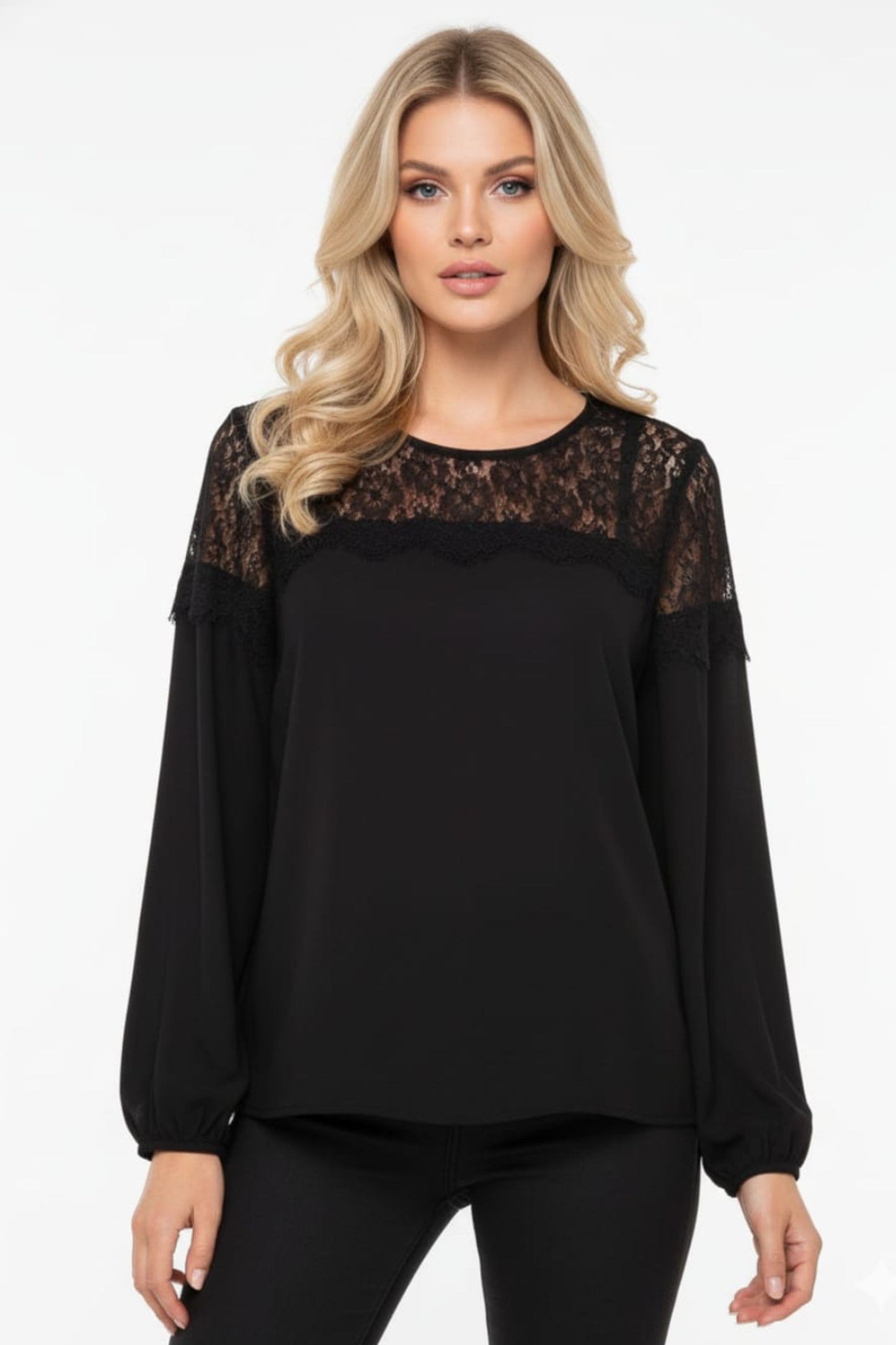 Zac & Rachel Lace Trim Long Sleeve Blouse