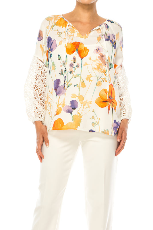 Zac & Rachel Flower Print Embroidered Peasant Top