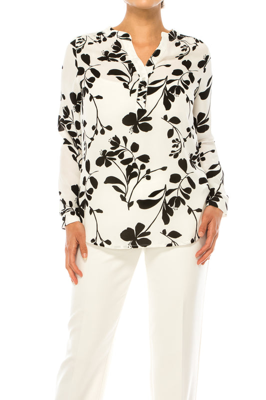 Zac & Rachel Printed Roll-Up Sleeve Split-Neck Top