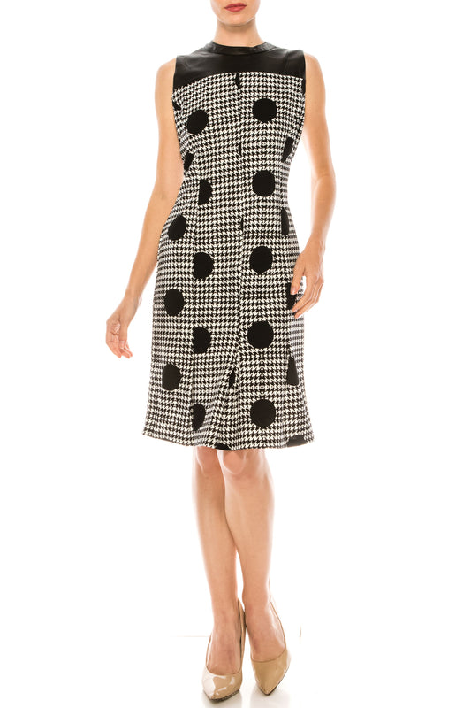 ILE Clothing Black White Polkadot Houndstooth Print Sheath Dress