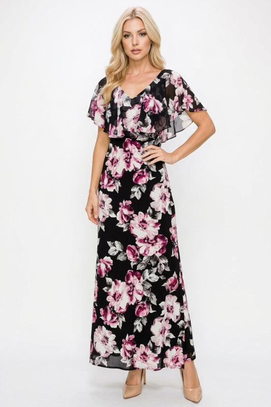 Connected Apparel Magenta Floral Print Chiffon Cape Maxi Dress