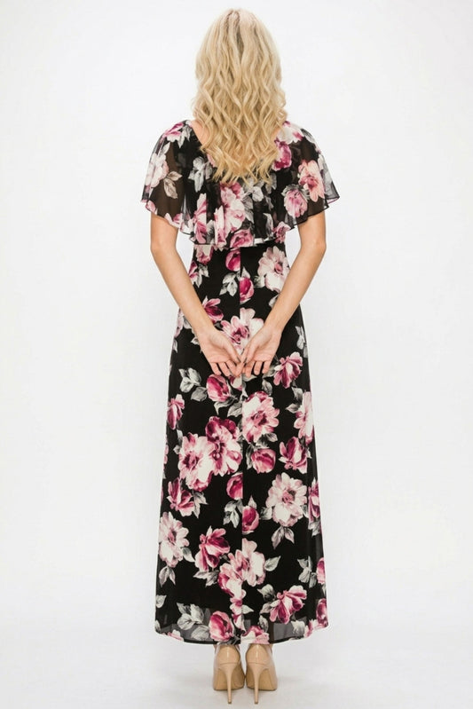 Connected Apparel Magenta Floral Print Chiffon Cape Maxi Dress