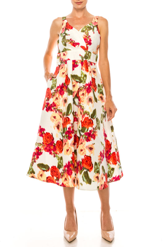 Danny & Nicole Ivory Coral Floral Sleeveless Bouffont Midi Dress