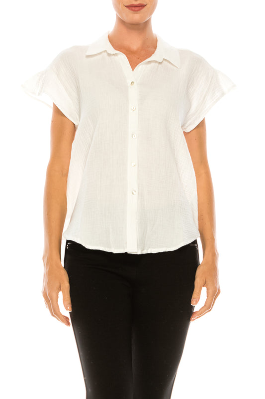 Grand & Greene Bubble Linen Collared Button Front Cap Sleeve Top