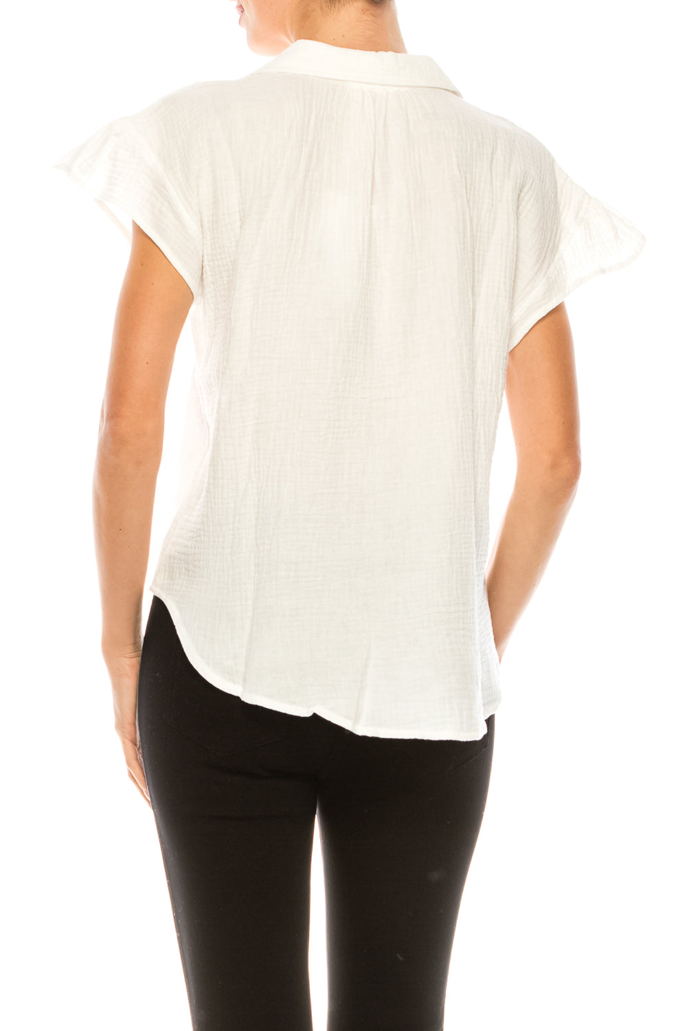 Grand & Greene Bubble Linen Collared Button Front Cap Sleeve Top