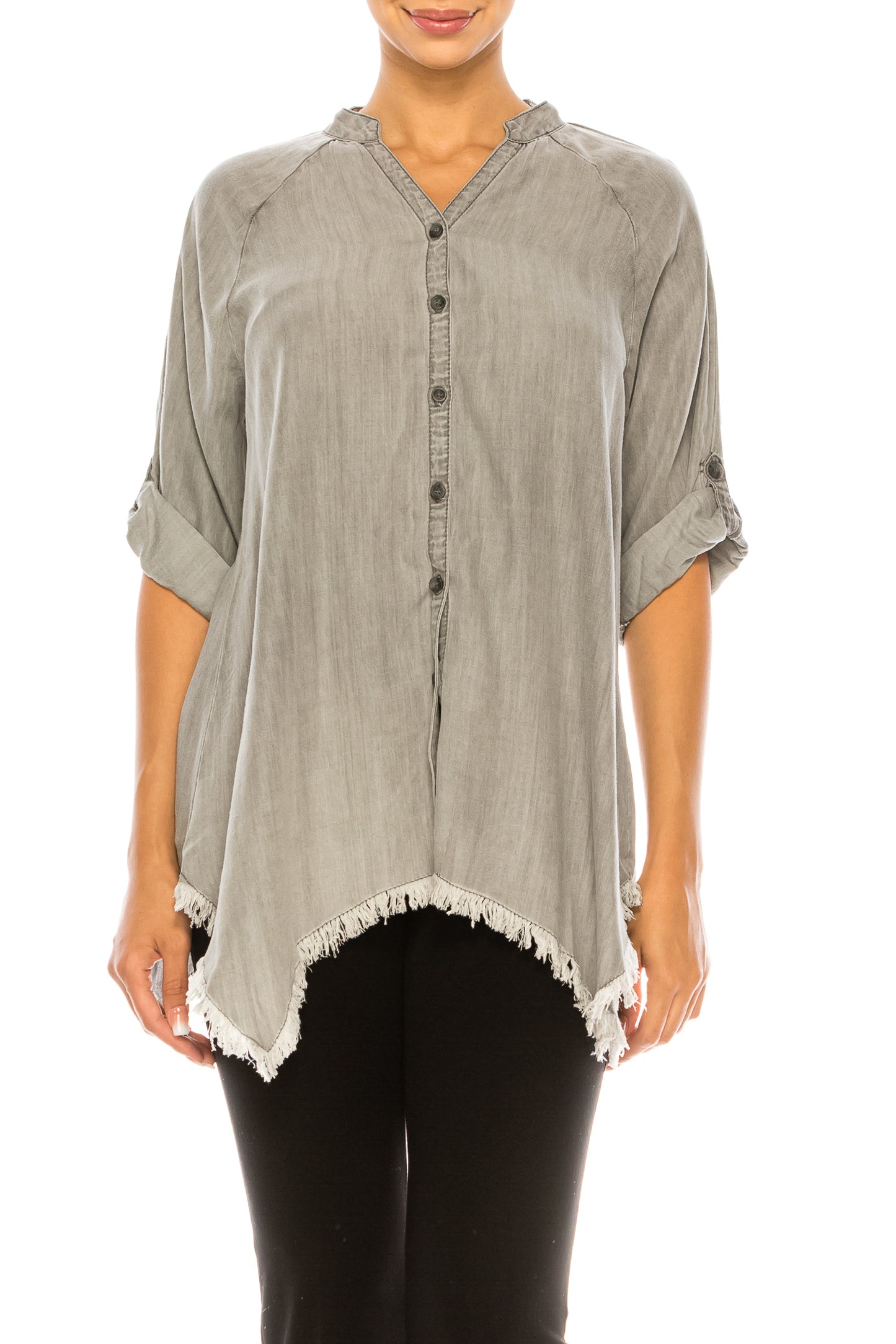 Hester & Orchid Tencel Button Split Neck Fringe Top