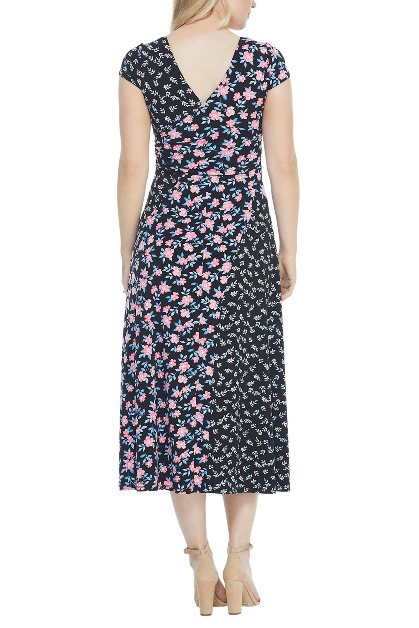 Maggy London Black Coral Multi Floral Print Midi Dress